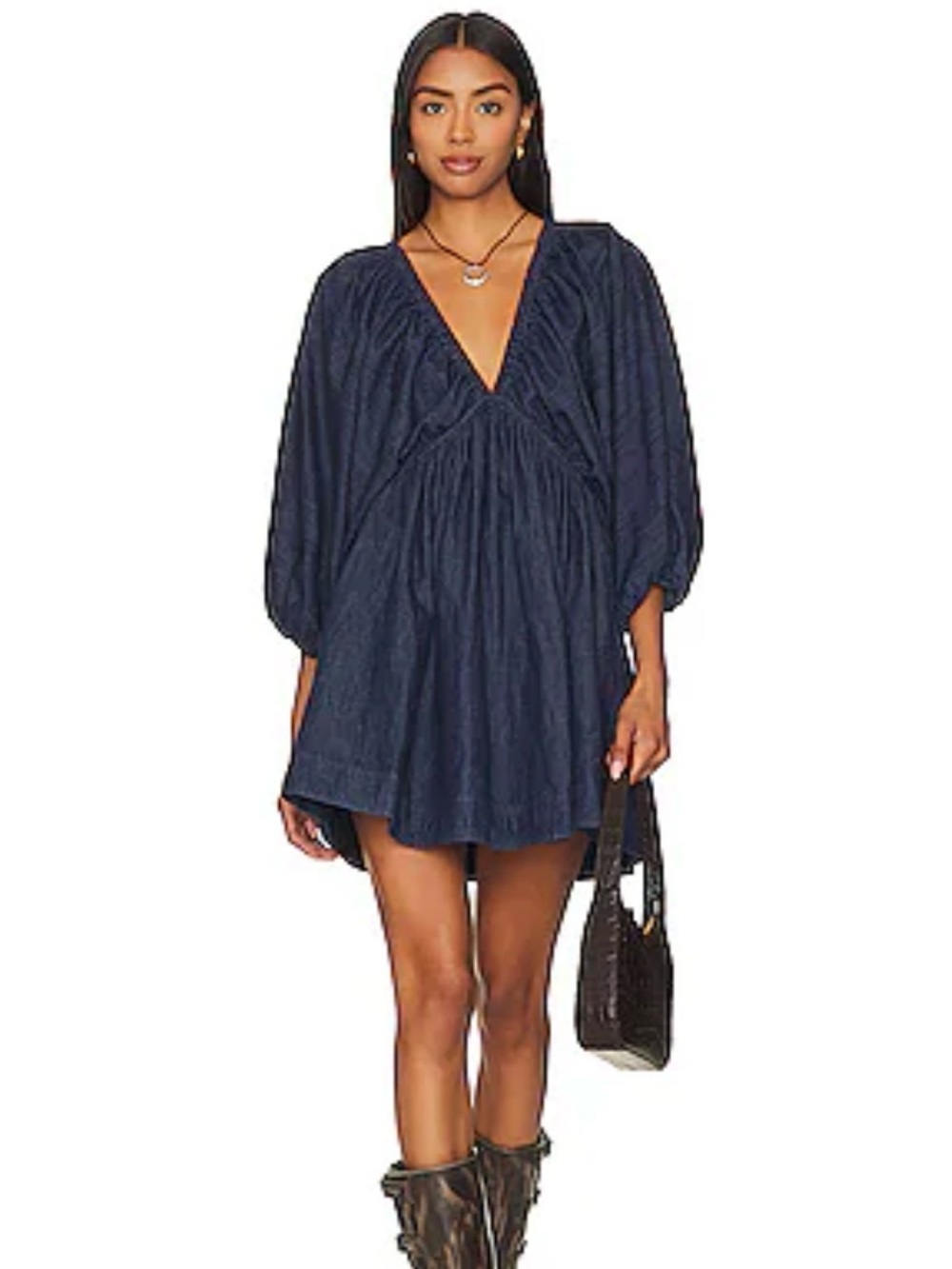 Free People Portia Denim Mini Dress Small Balloon Sleeve Plunge Babydoll